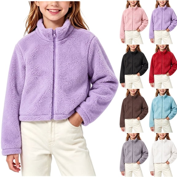 Falkdiz Girls Long Sleeve Shirts Outdoor Warm Cropped Tops Fleece Winter Mock Neck Solid Color Zip-up for Girls School , Black , Size: 5-6 Years