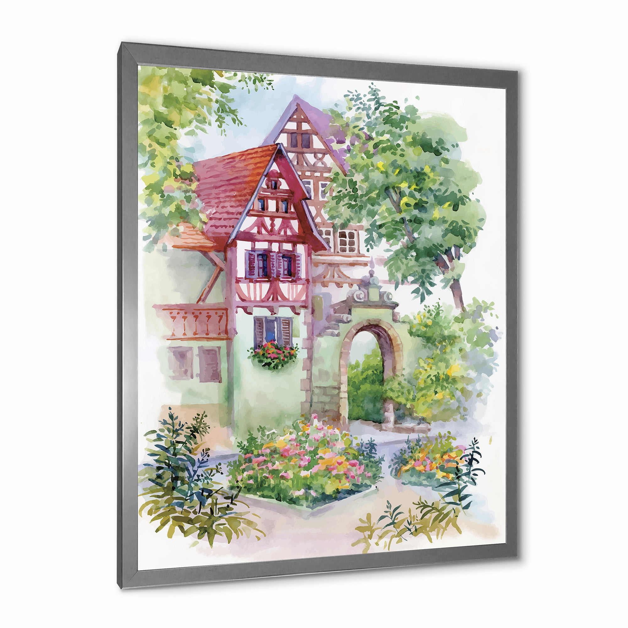 Designart 'Red Rustic House In The Country Side Landscape' Traditional Framed Art Print