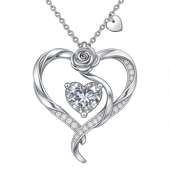 Heart Rose Pendant Clear, Zirconia Love Necklace, Silver Tone