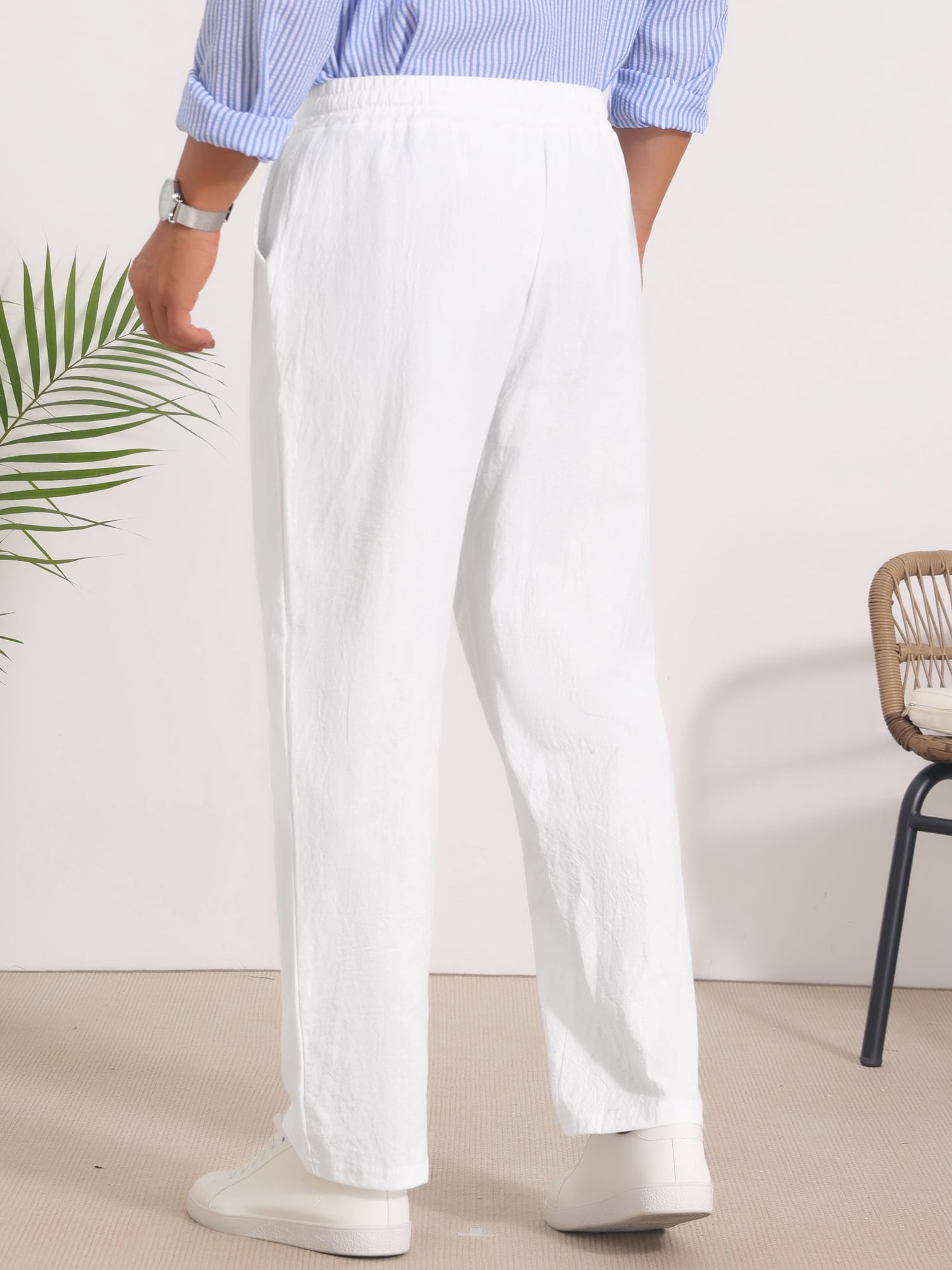 DARING DIVA Men's Beach Pants Drawstring Waist Breathable Summer Linen Pants 34 White