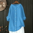thumbnail image 5 of Dorinao Women's Oversized Linen Cotton Long Sleeve Blouse - Button Front Loose Fit Shirt for Casual & Summer, Blue, XL, 5 of 6