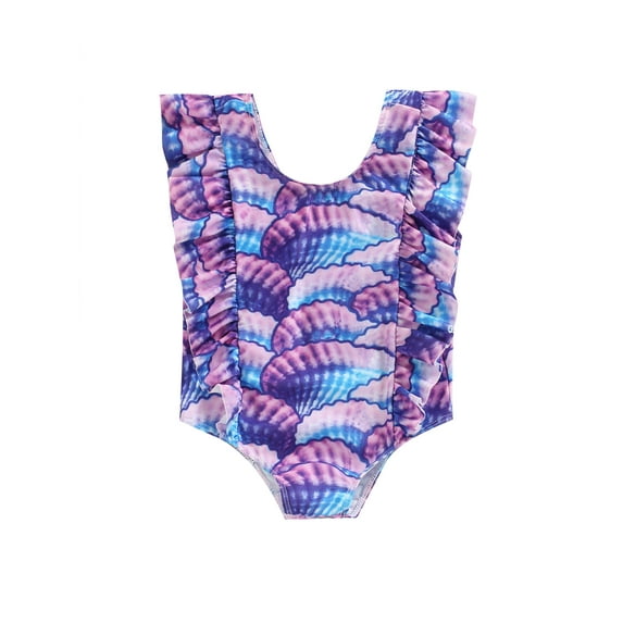 TSEXIEFOOFU Girl Swimsuit Bodysuit, Sleeveless Ruffle Hem Scallop Shell Print Pattern One Piece Bathing Suit for Children