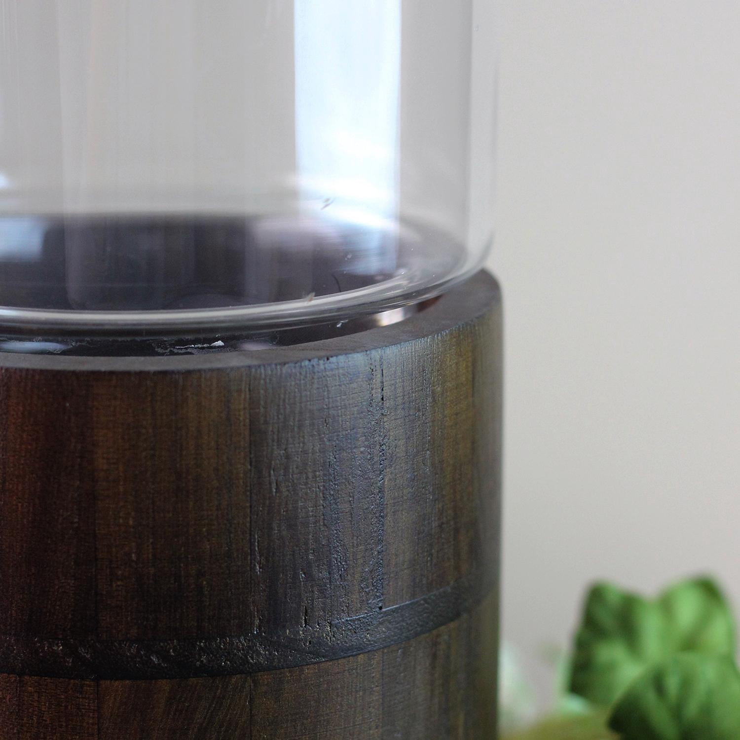 15.25" Clear Glass Hurricane Pillar Candle Holder with Wooden Base
