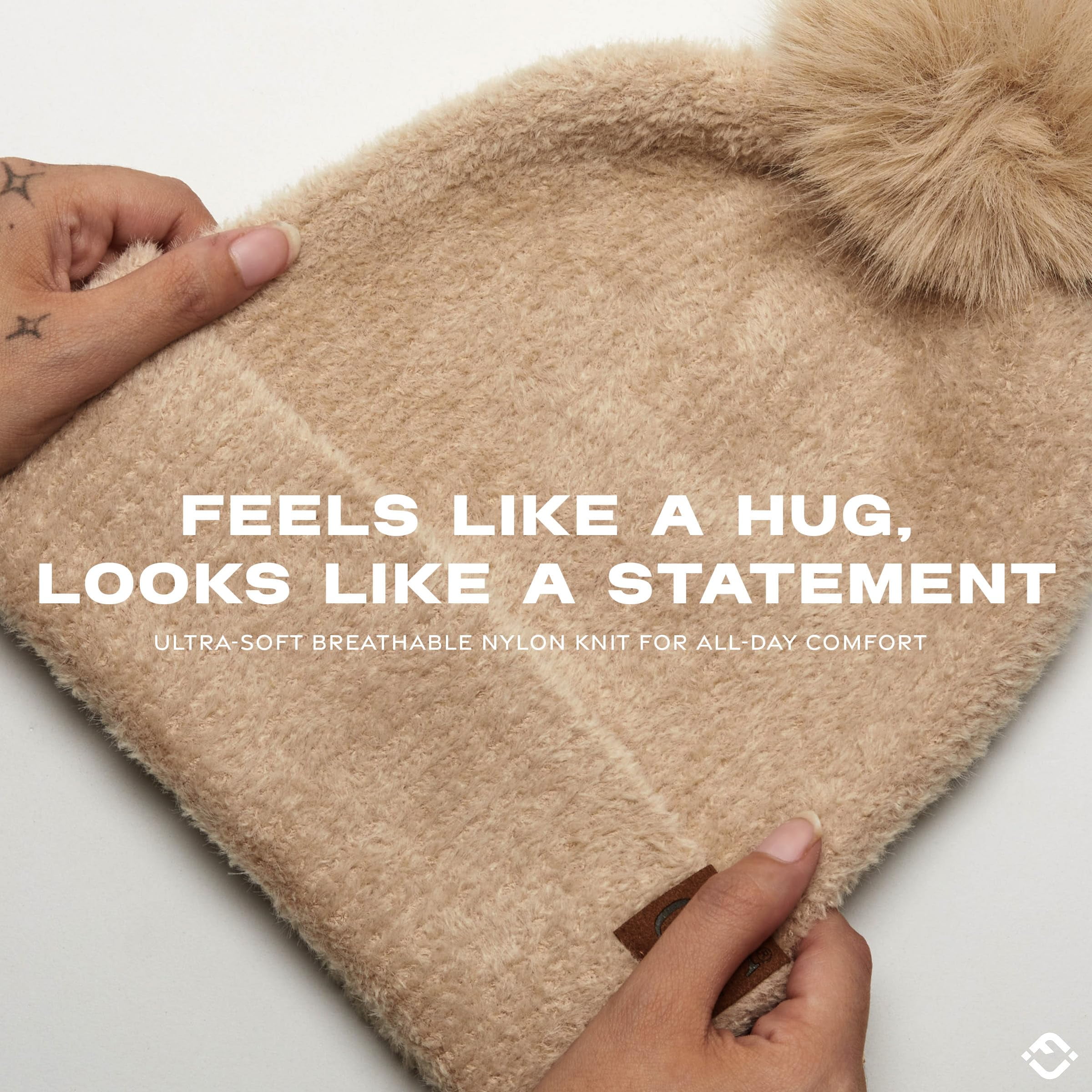 Funky Junque Beanie for Women Ultra Soft Chenille Faux Fur Pom Pom Winter Hats Warm Ski Cap Fashion - Beige