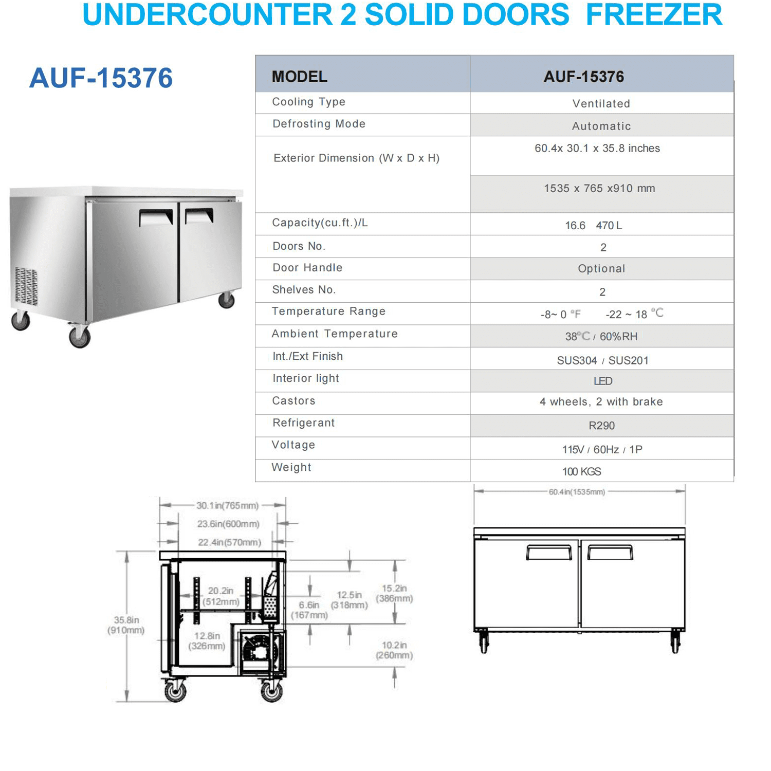 Cooler Depot 60.5 inch 16.6 cu.ft, 36" heigh Commercial Undercounter Freezer, 2 Solid Doors, Stainless steel exterior, NSF certified.
