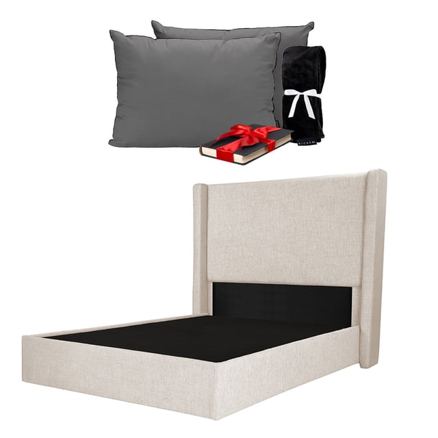 Box Base cama Matrimonial + Cabecera Planx Beige claro + Almohada 2Pack + Frazada
