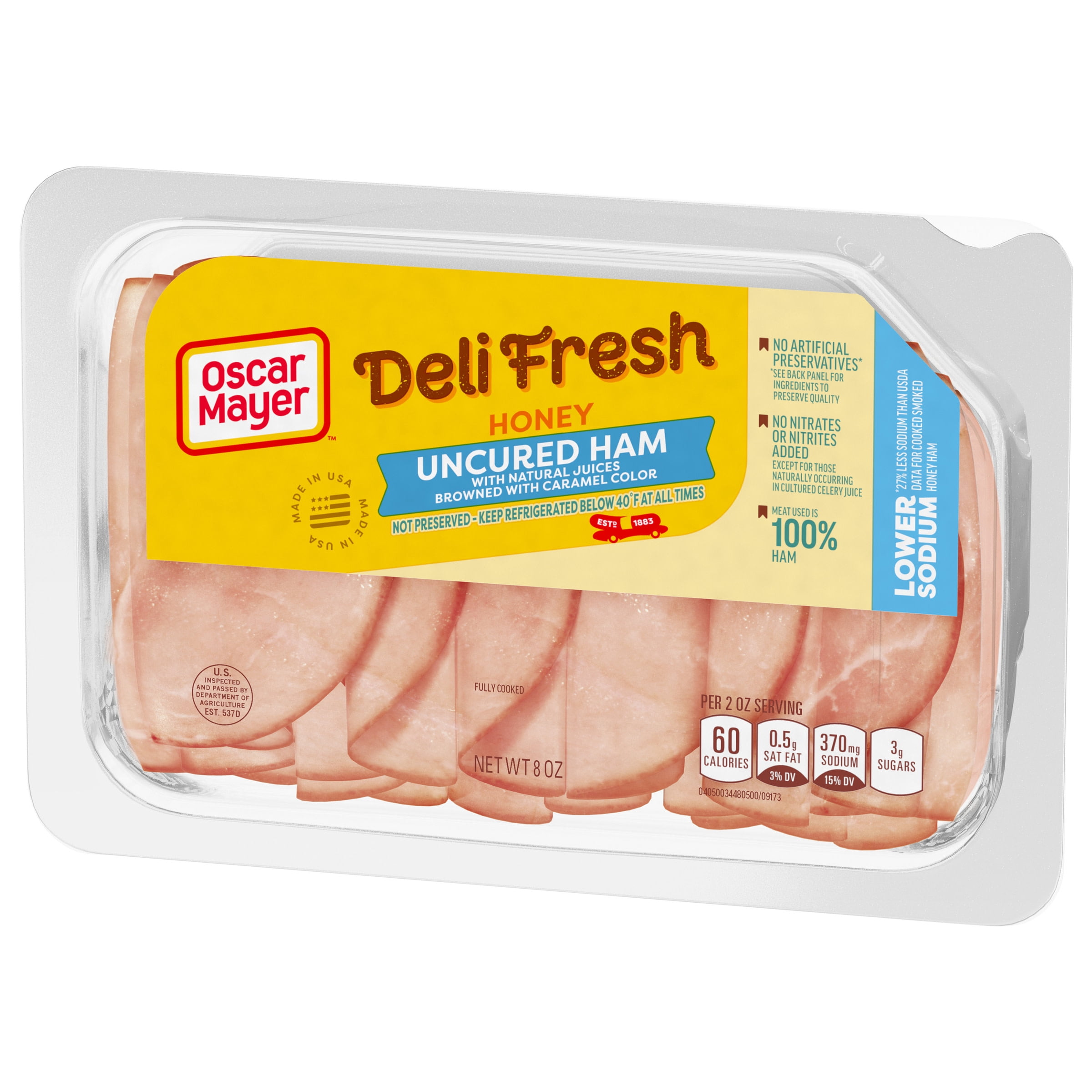 Oscar Mayer Deli Fresh Honey Uncured Ham, Sliced, Low Sodium, 8 oz, Refrigerated, Plastic Tray