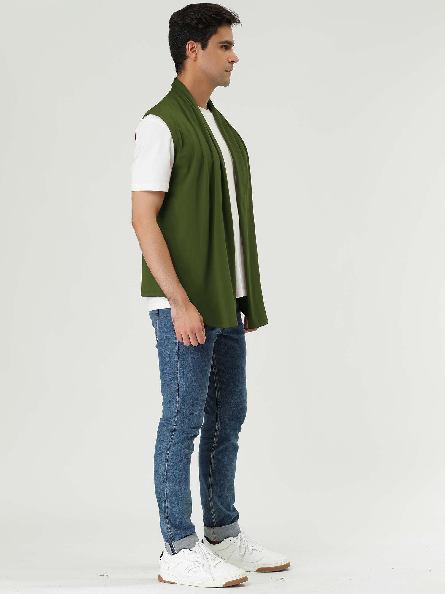 DARING DIVA Men's Sleeveless Open Front Asymmetric Hem Cardigan Vest 42 Green