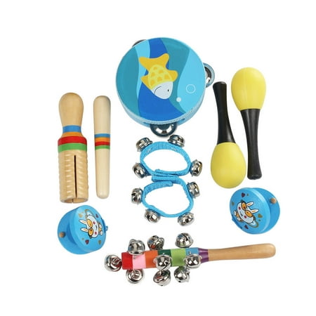 10pcs/set Musical Toys Percussion Instruments Band Rhythm Kit Including Tambourine Maracas Castanets Handbell Wooden Guiro for Kids Children