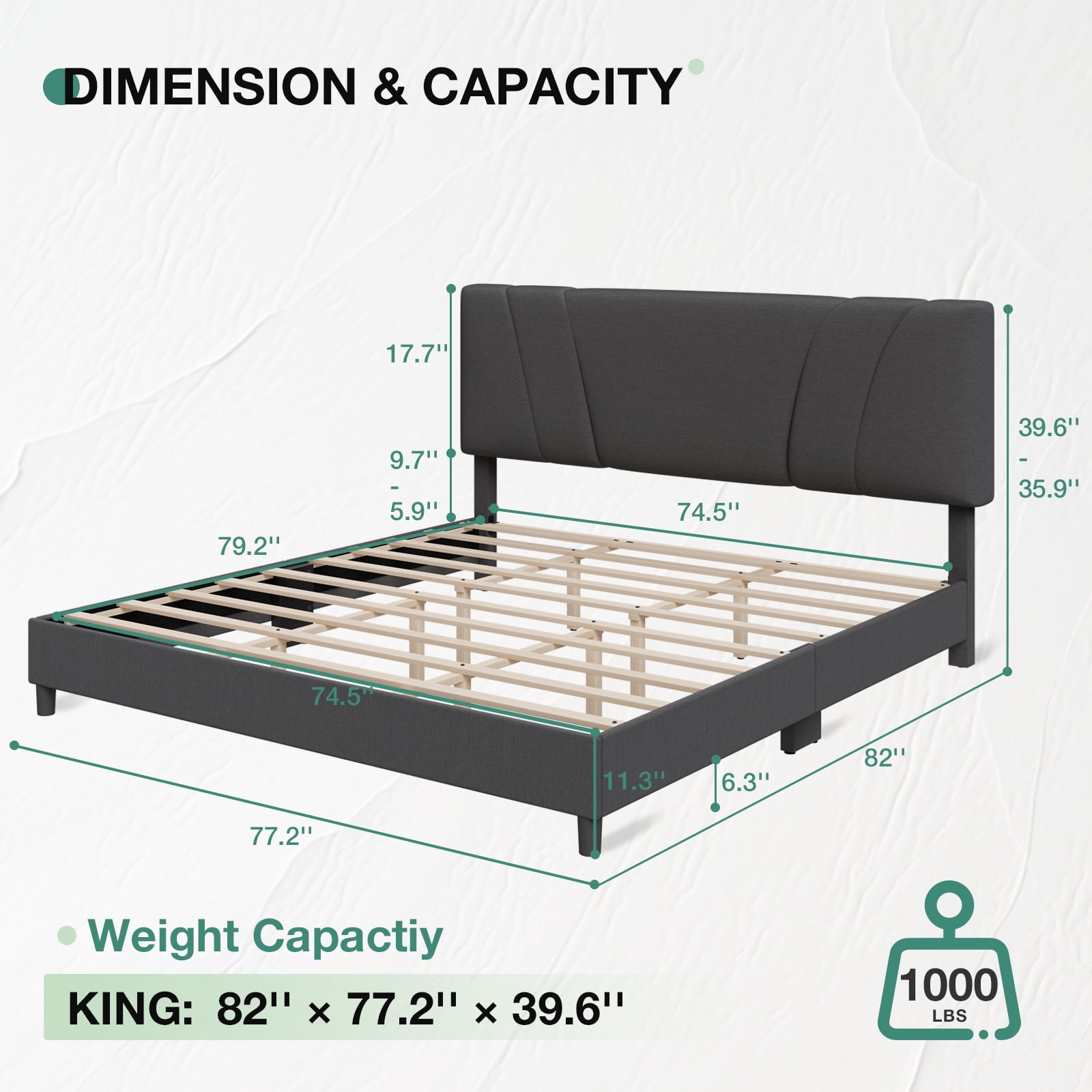 Novilla King Size Bed Frame with Adjustable Headboard Platform King Bed Frame Linen Fabric Upholstered Headboard, No Box Spring Needed, Noise-Free, Wooden Slats Support, Easy Assembly, Dark Grey
