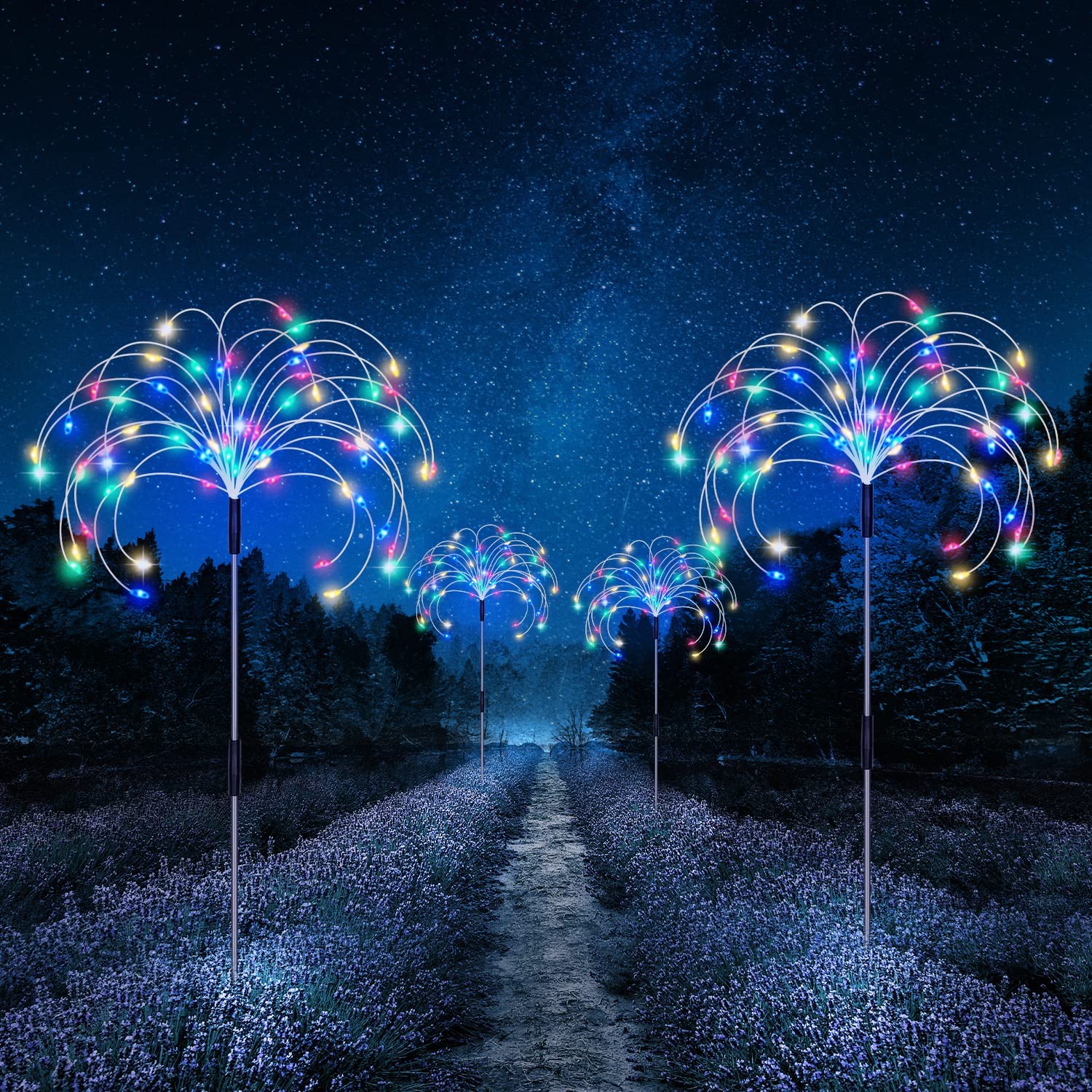 4 Pack Outdoor Solar Garden Lights, 120 LED Wire Waterproof Solar Garden Fireworks Lamp with Remote, 8 Modes Decorative Sparkles Stake Landscape Light for Garden Pathway Lawn Decor (Colorful)
