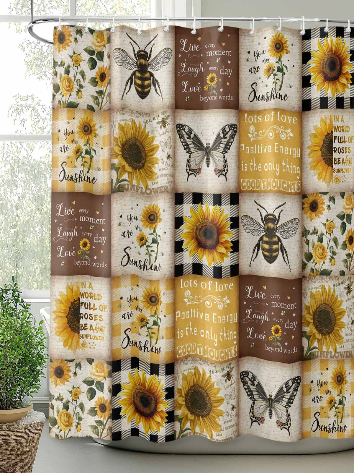 Sunflowers Shower Curtain Set, Waterproof Shower Curtains for Bathroom, Retro Country Butterfly Bee Floral Plaid Washable Fabric Cloth Bath Curtain for Bathtub Decoration with Hooks 54x78 Inches