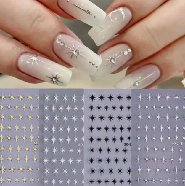 Star Nail Art Stickers - 3D Adhesive Black & White Star Nail Decorations for Manicure