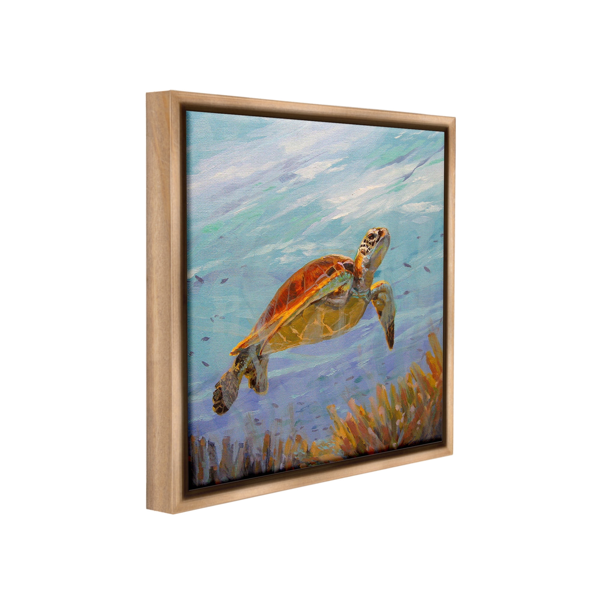 Stupell Industries Turtle Among Coral Reef Animals & Insects Painting Brown Floater Framed Canvas Art Print Wall Art, 25 x 25