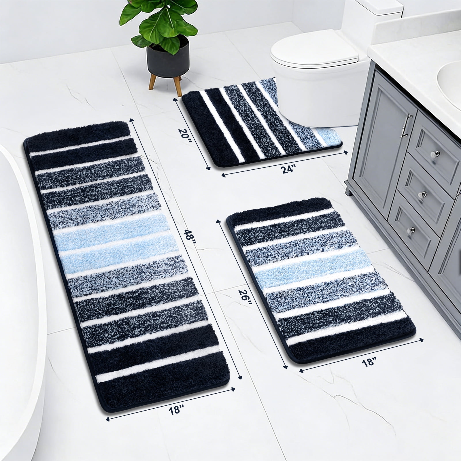 Findosom Bathroom Rugs Set of 3,Absorbent Non-Slip Machine Washable Bath Rugs, Microfiber Quick Dry Bath Mats for Bathroom Floor Tub Shower Bedroom Kitchen,18"x26"+18"x48"+U Shape 20"x24" Navy