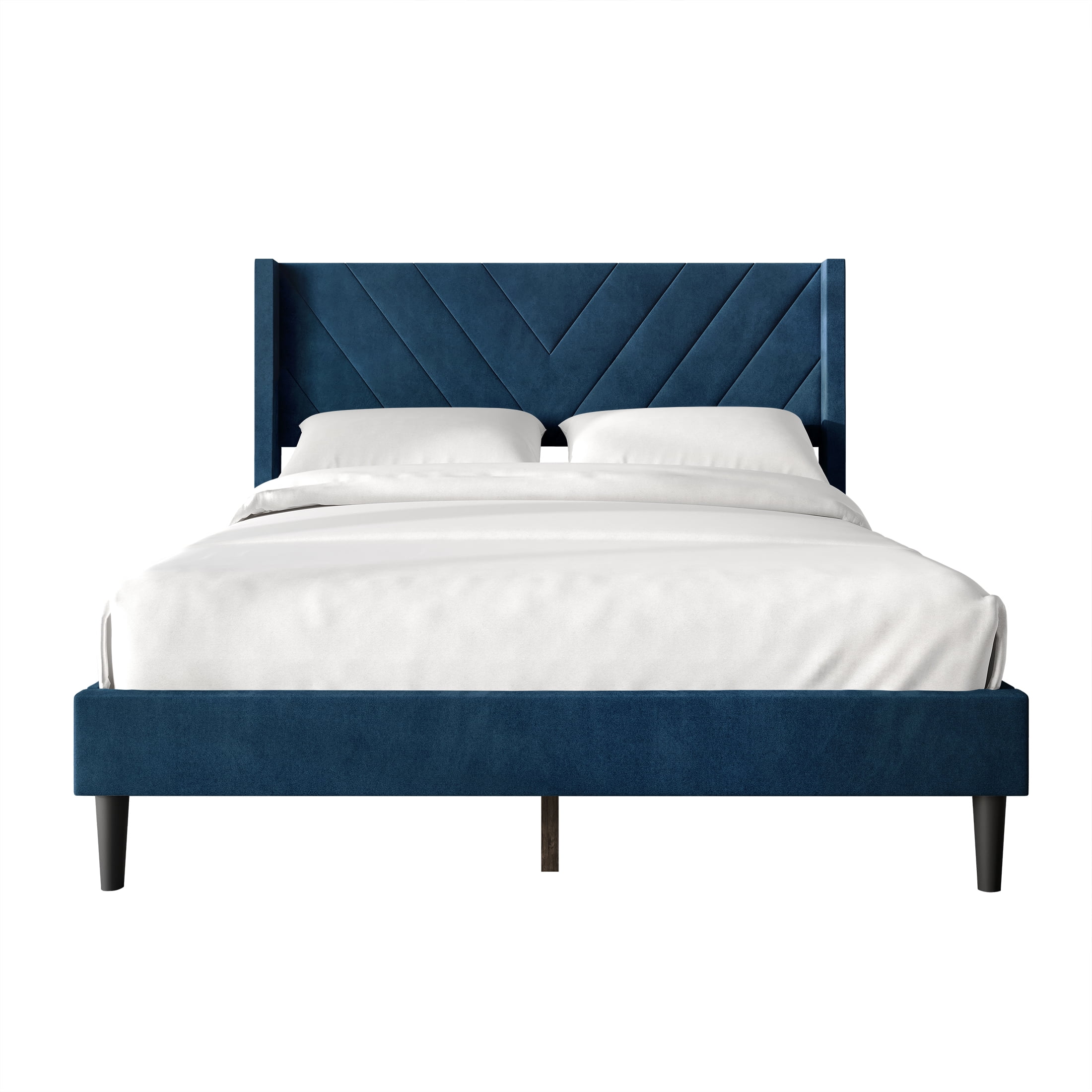 Castle Place Sophisticated Wingback Velvet Upholstered Full Platform Bed, Navy Blue