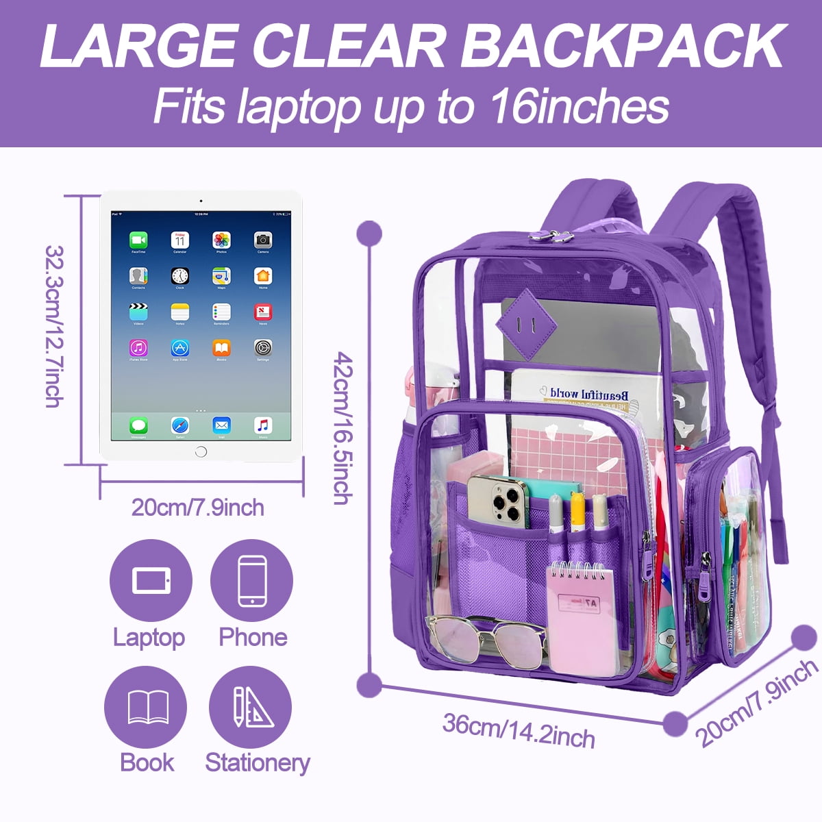 Sanmadrola Clear Backpack Heavy Duty Stadium Approved School Bookbag PVC Backpacks for Adults Travel