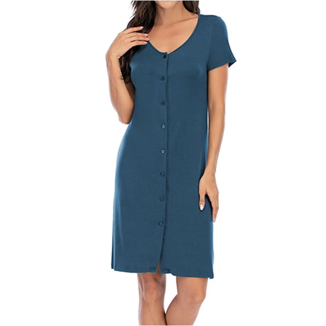 Puntoco Vestido De Manga Corta Con Cuello En V, Cárdigan De Verano Para Mujer, Camisón Con Botones De Manga Corta, Ropa Para El Hogar, Azul Claro M
