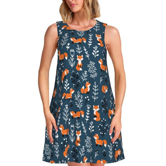 Fotbe Playful Foxes Forest Blues Vestido de Verano sin Mangas para Mujer – Vestido Midi Línea A, Estilo Camiseta Floral, Vestido Playero Casual y Fluido