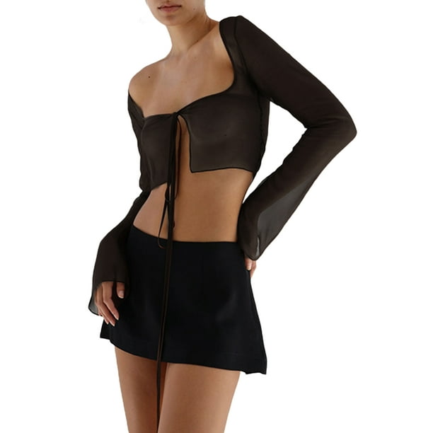 SAYOO - Camiseta de manga larga para mujer, color sólido, con amarre, de malla, transparente SAYOO Moda