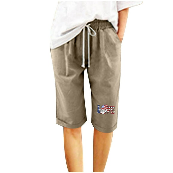 Nrmvnmi Summer Saving 2024 Women's Knee Length Bermuda Shorts Solid Color Elastic Waist Drawstring Casual 10" Long Shorts Loose Fit Summer Beach Shorts