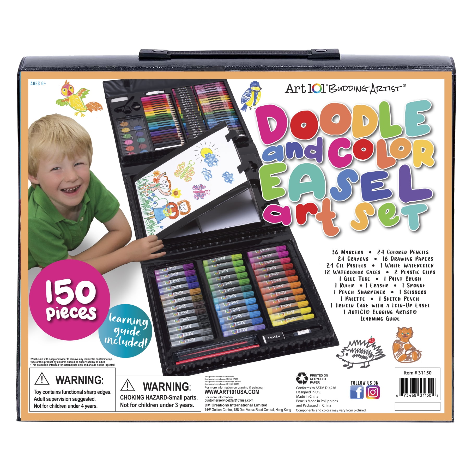 Art 101 Beginner Doodle and Color Multifunctional Art Set with 150 Pieces and Pop-up Easel for Children