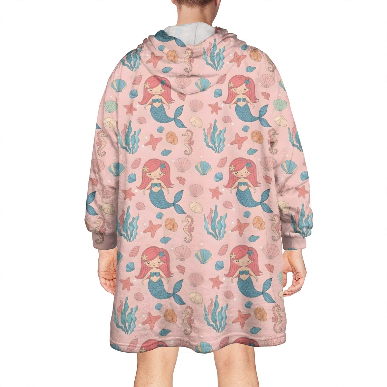 Wearable Oversized Blanket,Mermaid Princess Sea Pattern Wearable Blanket Hoodie for Adults,Cozy Hooded Blankets with Super Pockets,Super Warm Fuzzy Pullover for Women & Men