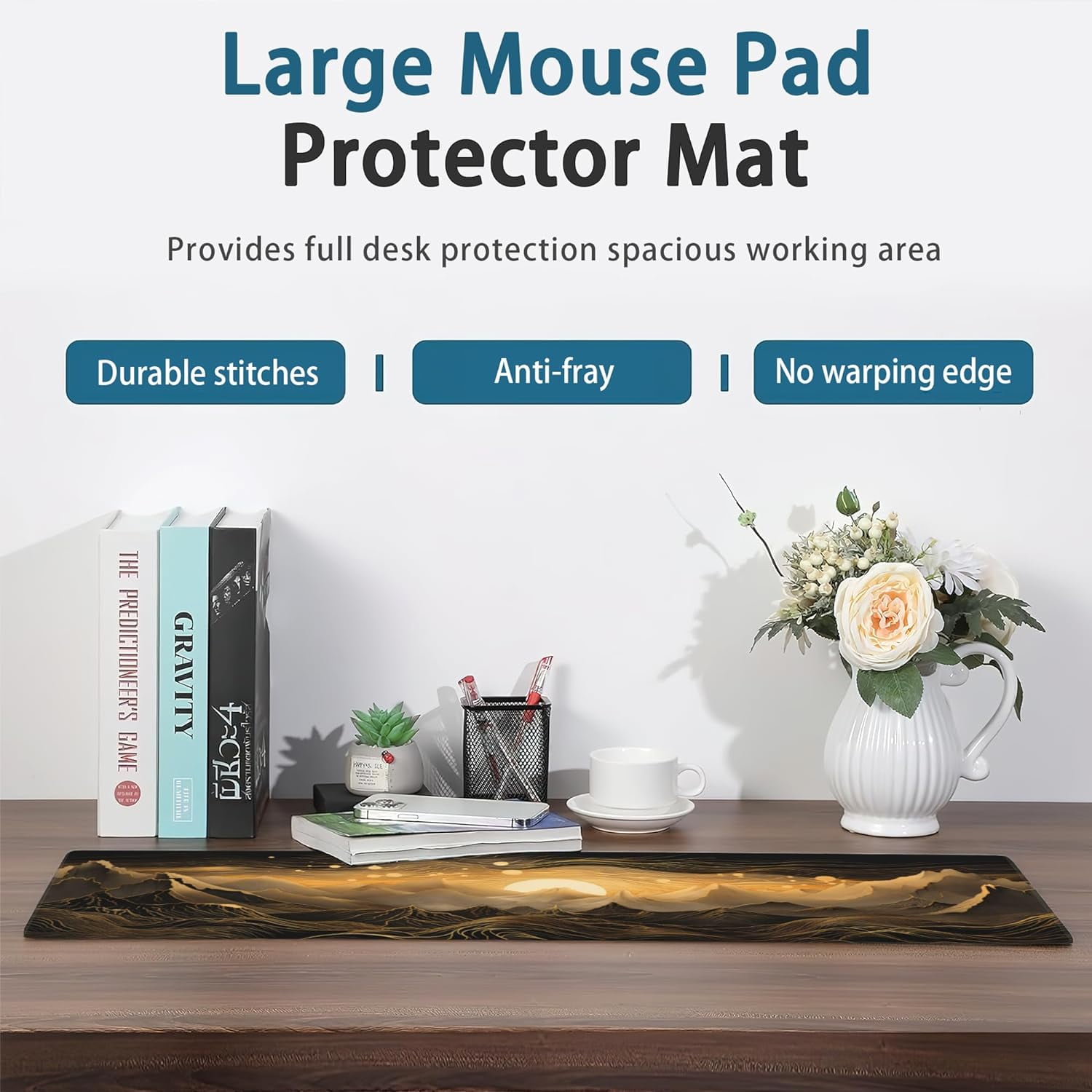 Gaming Mouse Pad,Black and Gold Mountains Landscape Extended Mouse Pad Gaming Large, 31.5"x11.8" Line Art Desk Mat with Non-Slip Base and Stitched Edge,Computer Keyboard Mouse Mat for Home Office Work