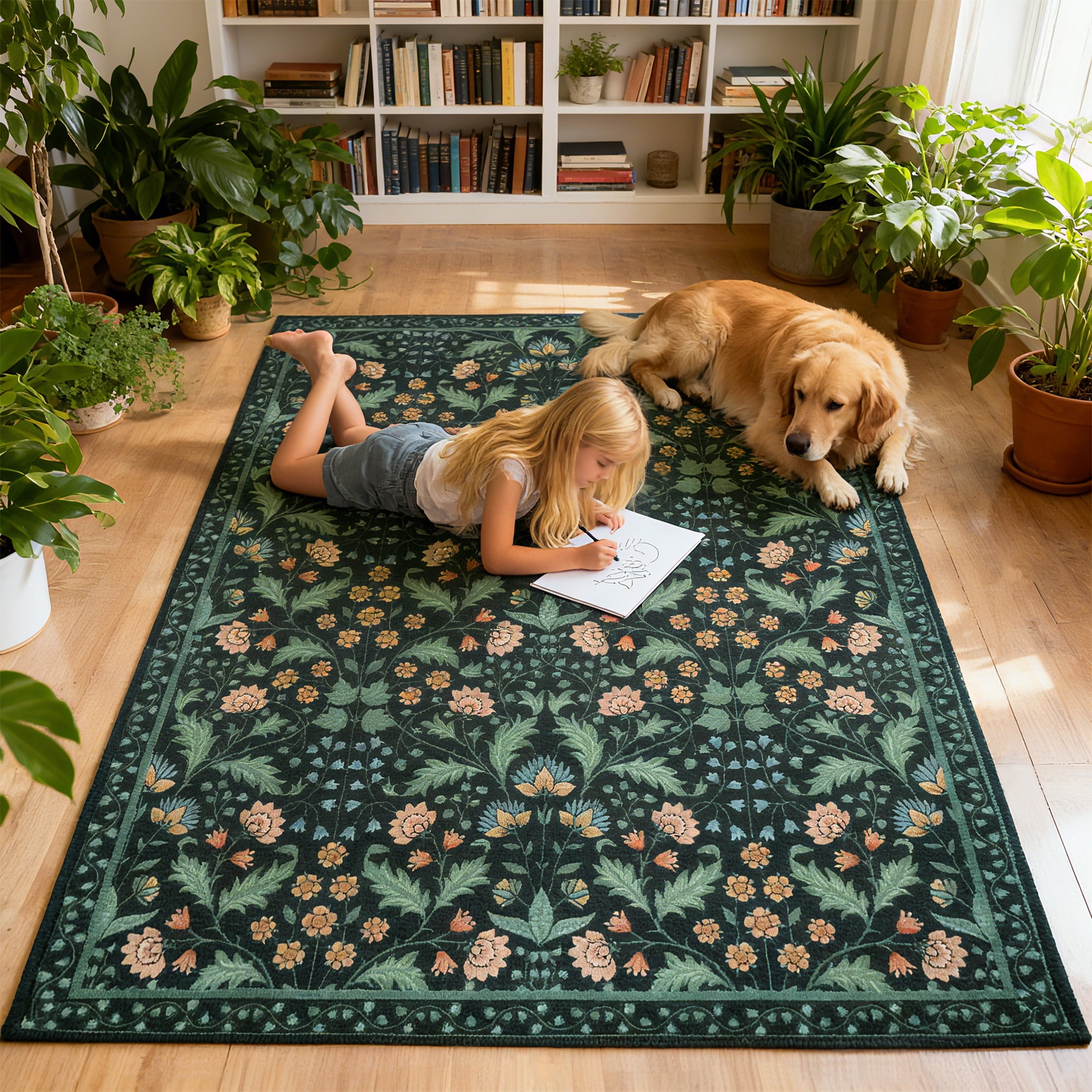 ARJINCUTE 9' x 12' Floral Area Rugs for Living Room, Washable Low Pile Non-Slip Vintage Large Floor Carpet for Bedroom Dinning Room, Black  Base