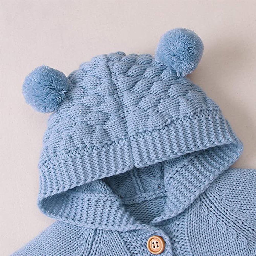 IBTOM CASTLE Unisex Baby Boy Girl Cute 3D Bear Ears Hooded Knitted Sweater Long Sleeve Romper Overall Sleepwear Winter Warm Clothes 0-6 Months Light Blue