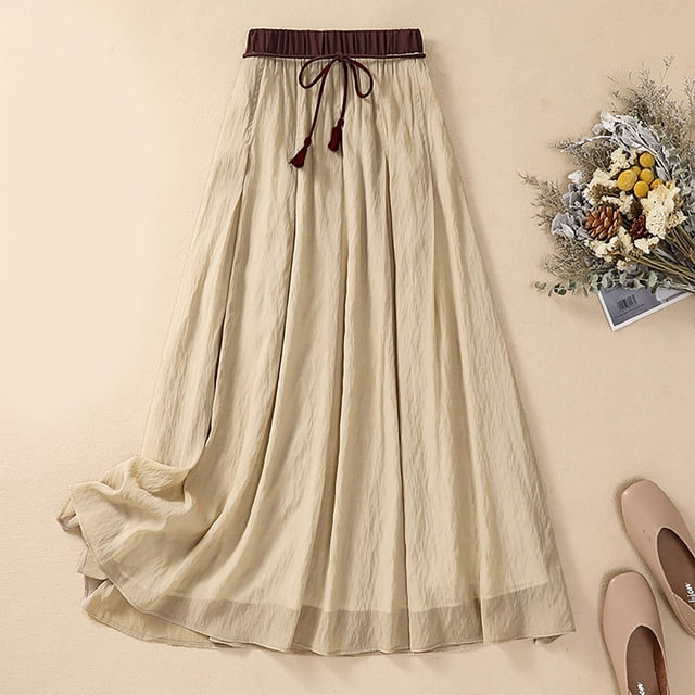 Cadeaux pour Femmes LSLJS Jupe Cheville en Coton et Lin d'Été Unie Brodée à Taille Élastique pour Femme, Jupe Maxi