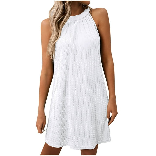 hotojiny Robes d'Été pour Femmes Respirantes Ajourées à Col Licou Mini Robes Boho Sans Manches Robe de Plage Couvre-Bikini U.S