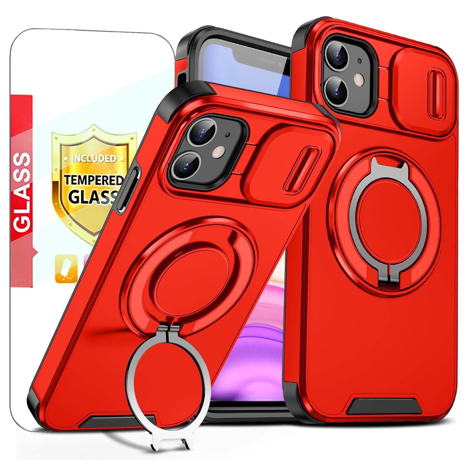 Kryonix for iPhone 11 6.1'' Case with Screen Protector,Dual-Layer Hybrid Military Grade Shockproof Protective Cover,Magnetic Rotated Ring Kickstand, with Slide Lens Protection,Red