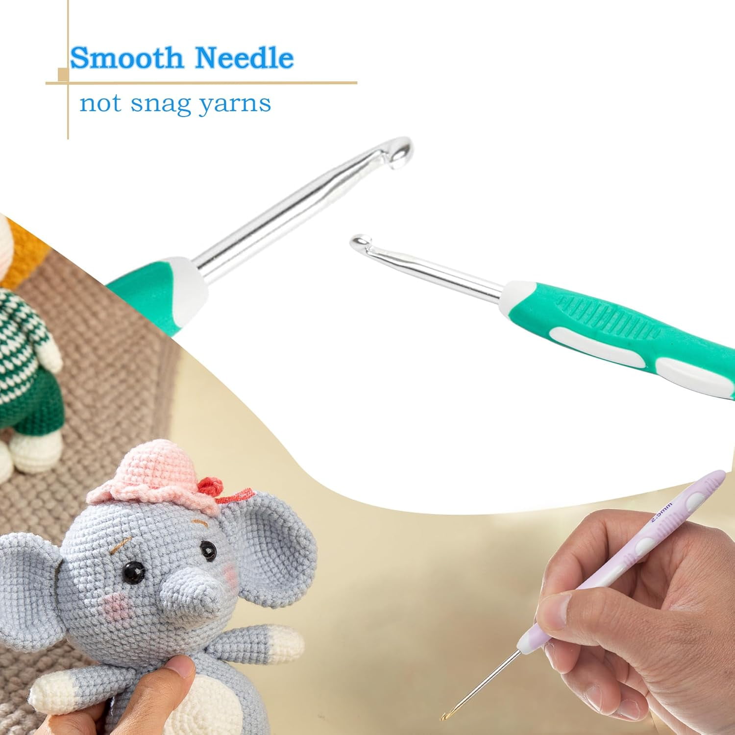 9 PCS Longer Ergonomic Crochet Hooks Set USA Standard Size B to J 2.0mm-6.0mm Soft Grip Handles Smooth Crochet Needles Knitting Needles for Arthritic Hands,Beginners(Set C)