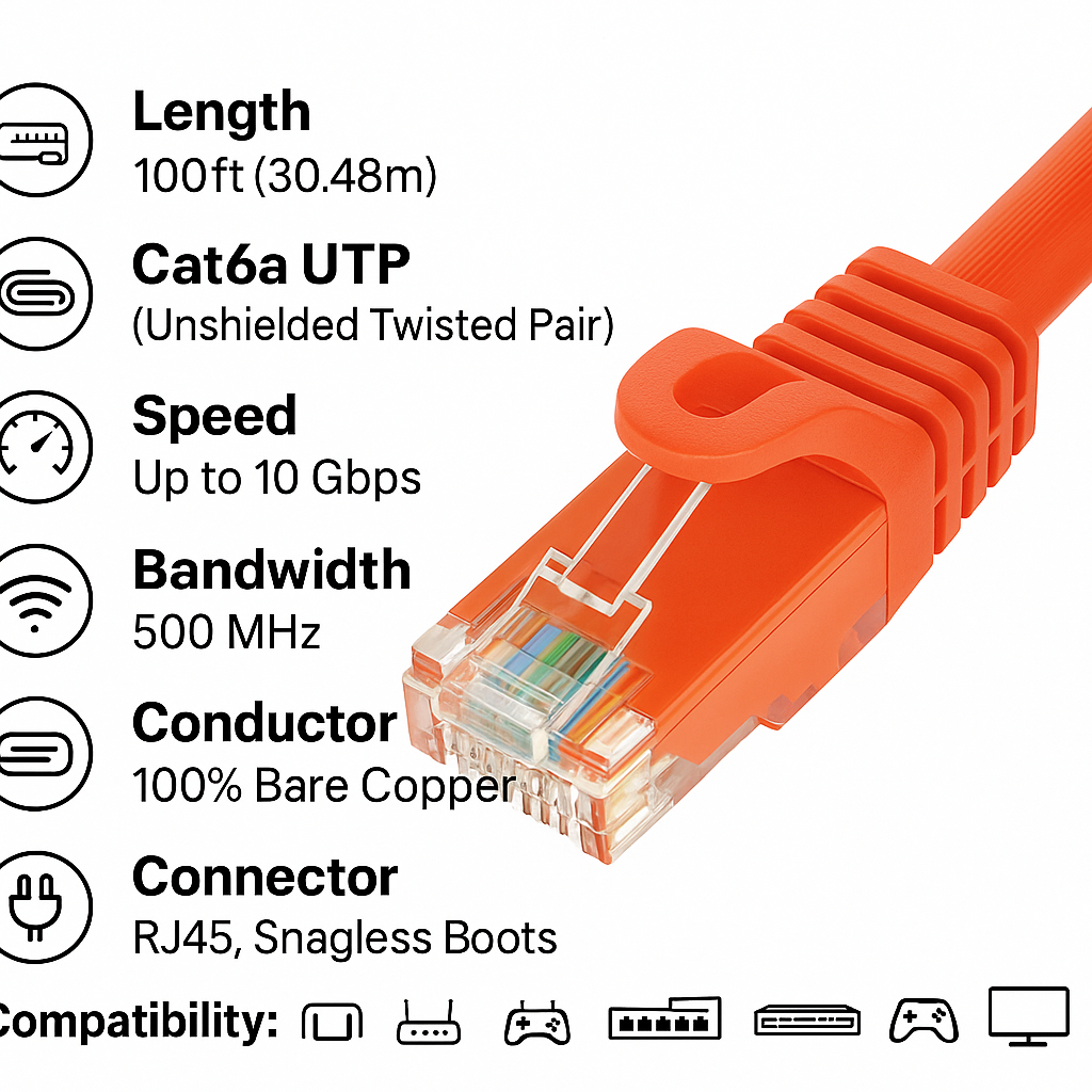 SANOXY 100ft Cat6a UTP 10G Ethernet Network Patch Cable Snagless 24AWG Bare Copper, Orange