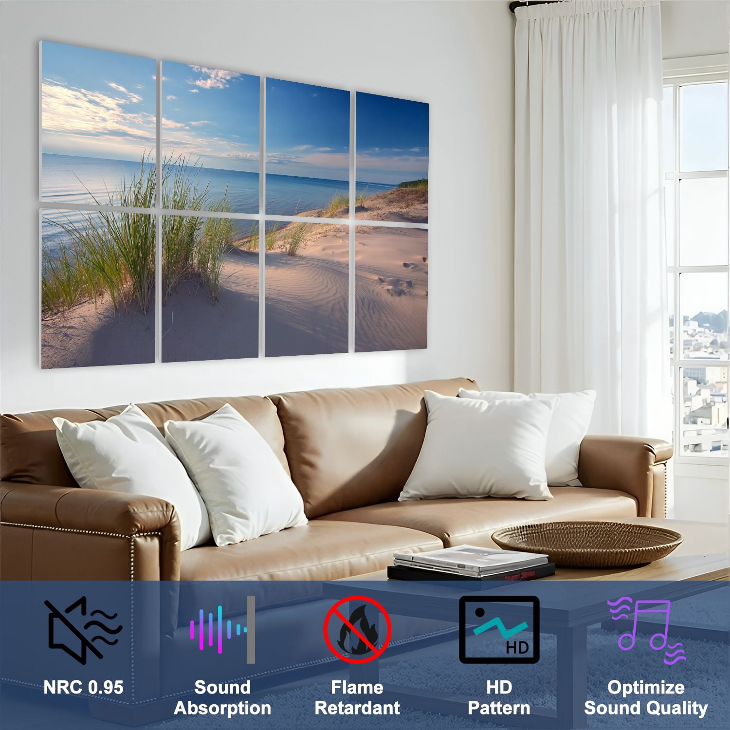8 Pack Art Acoustic Panels Sound Absorbing sand grass lake michigan coast sleeping bear dunes Decorative Soundproof Wall Panels Self Adhesive for Nursery Game Room Bedroom 48"x32"