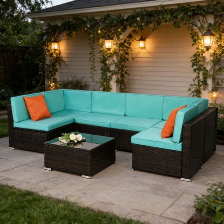 Ktaxon 7 Piece Black Rattan Sofa Set Lake Blue Cushions with Storage Table Boho Living Room Furniture