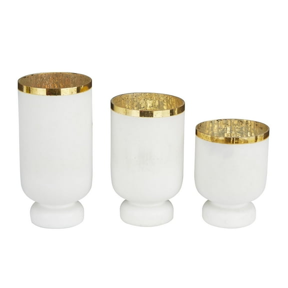 DecMode 3-Slot White Glass Pillar Hurricane Lamp with Gold Interior, Set of 3