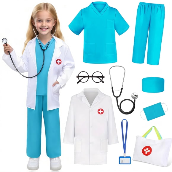 Disfraz de médico para niños Wbesty, 9 piezas, juego de rol azul para niños de 3 a 4 años