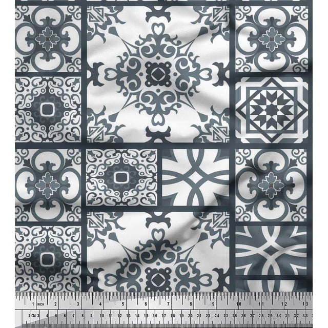 Soimoi Silk Fabric Check & Damask Patchwork Print Sewing Fabric Yard 42 Inch Wide