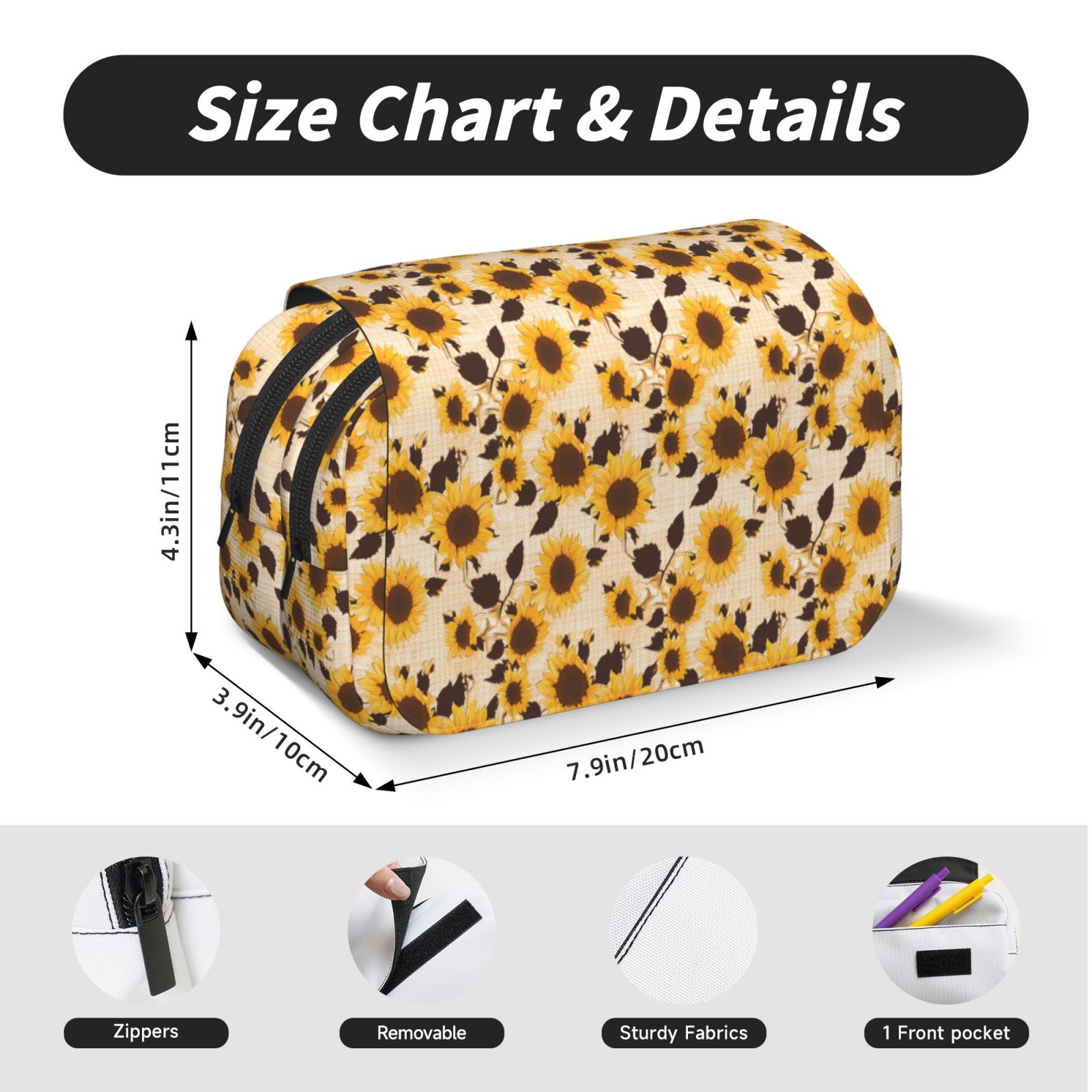 Rateoe Vintage Plaid Cute Sunflower Pattern Double Clamshell Pen Case, Storage Organizer with Two Zipper Compartments– Holds Up to 50 Pencils & Pens