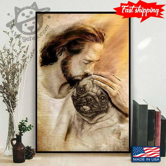 Vintage Jesus Christ Kissing Pug Dog 11 x 17 Inch Poster