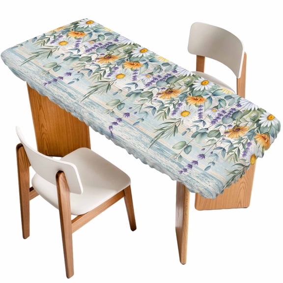 Floral Eucalyptus Leaves Table Cloths for 8 Foot Rectangle Tables, Daisy Summer Botanical Wooden Patio Waterproof Elastic Fitted Tablecloths, Washable Rectangular Table Cover for Camping