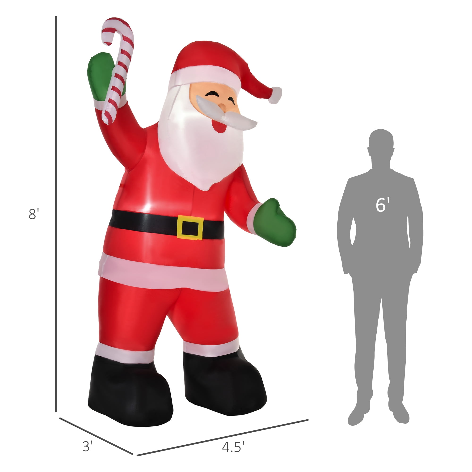 HOMCOM Inflatable Christmas Outdoor Lighted Yard Decoration, Santa Claus with Candy Cane, 8' Tall