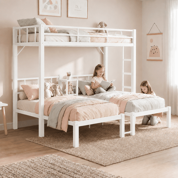 Zimtown Triple Twin Bunk Bed Twin over Twin over Twin XL, Heavy Duty Metal Frame Convertible to 3 Beds, Bunk Bed Frame with Guardrails & Ladder, White