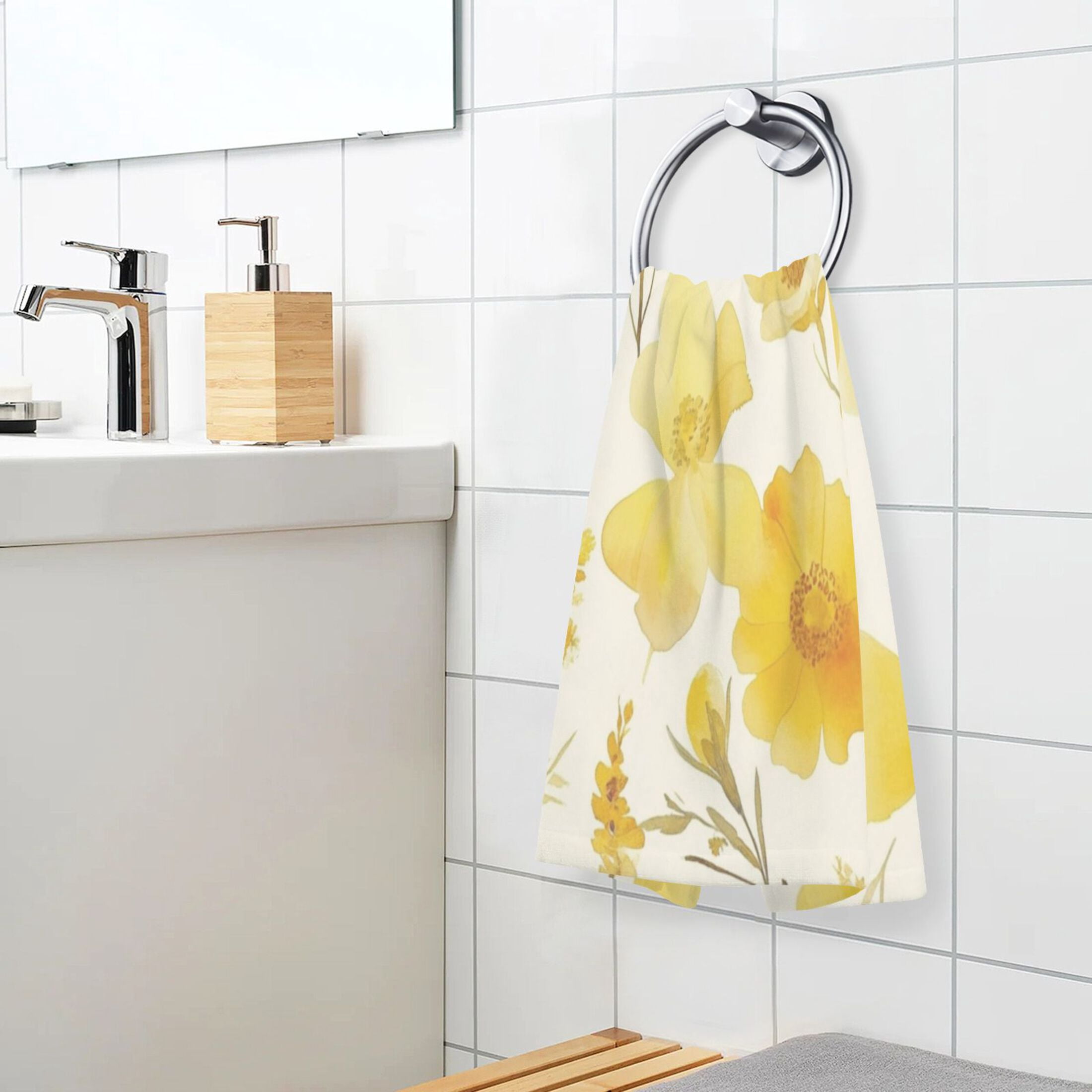 Cotton Towel Two-Piece 16x28 Inch One Sizex2 Face Towel Set Towel Set Cotton Hand Bath Towel Bathroom Beach Yellow Flowers Seamless