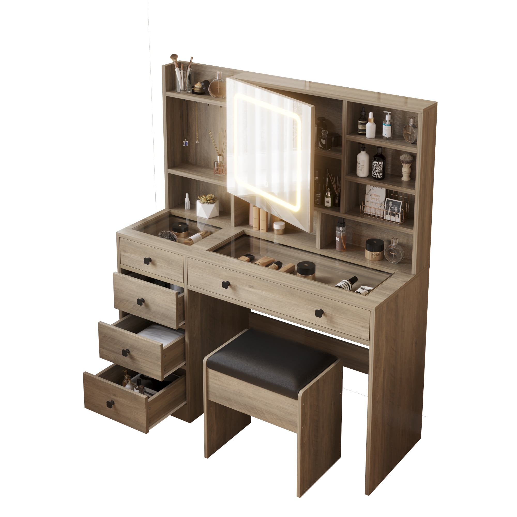 Ktaxon Large 47.2" Makeup Vanity with 3 Color Lights, Dressing Table with USB Charging Station, Gray