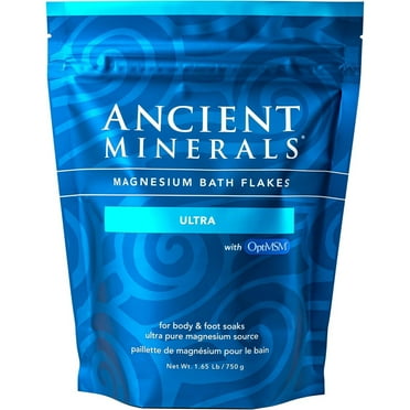 Ancient Minerals Magnesium Bath Flakes Ultra with OptiMSM for Post-Workout Soak, Unscented, 1.65 lbs