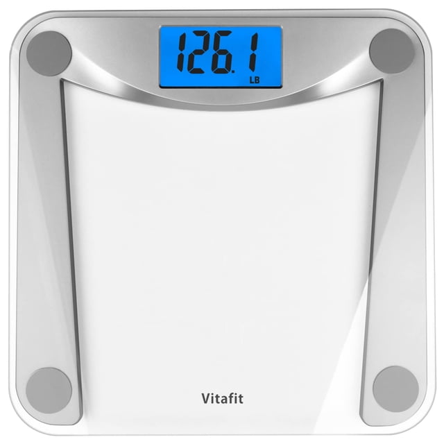 Vitafit Balance de Salle de Bain Numérique pour le Poids Corporel, Haute Précision Assurée par une Pesée Professionnelle depuis 2001, Très Grande Balance à Rétroéclairage Bleu avec LCD et Ste