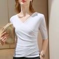 thumbnail image 2 of Mikilon Women V-Neck 3/4 Sleeve Shirts Solid Color Long Sleeve Slim Blouses/Tops, 2 of 3